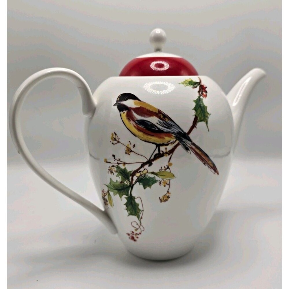 Lenox Winter Song Coffee Pot & Lid White Porcelain Christmas Bird Holly 7 7/8"
